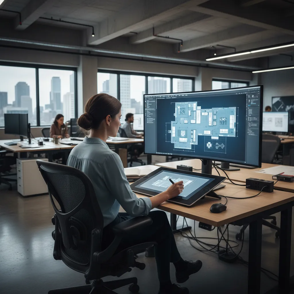 Designer adjusting a digital one story floor plan layout on computer