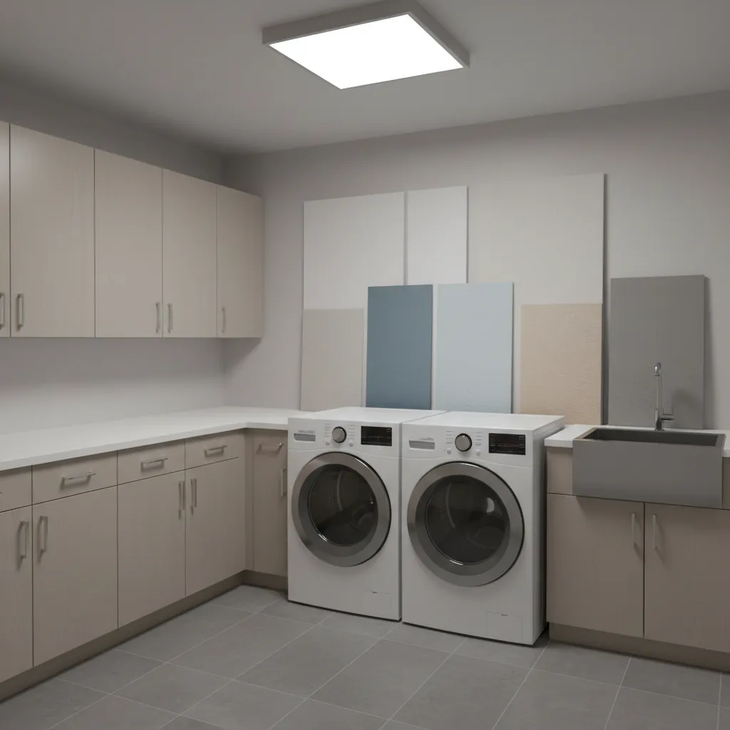 Large paint samples being tested on a laundry room wall under LED lighting