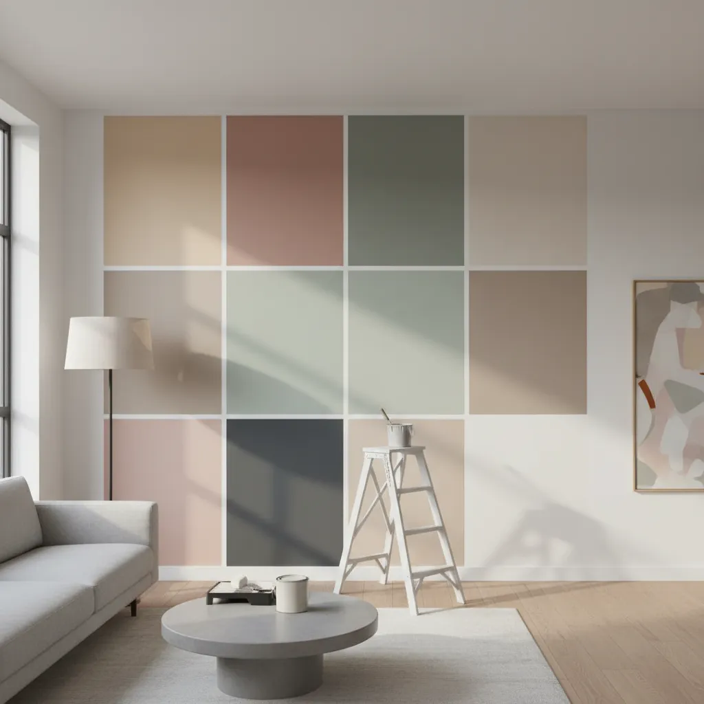 Large paint sample squares on living room wall testing dulux colours