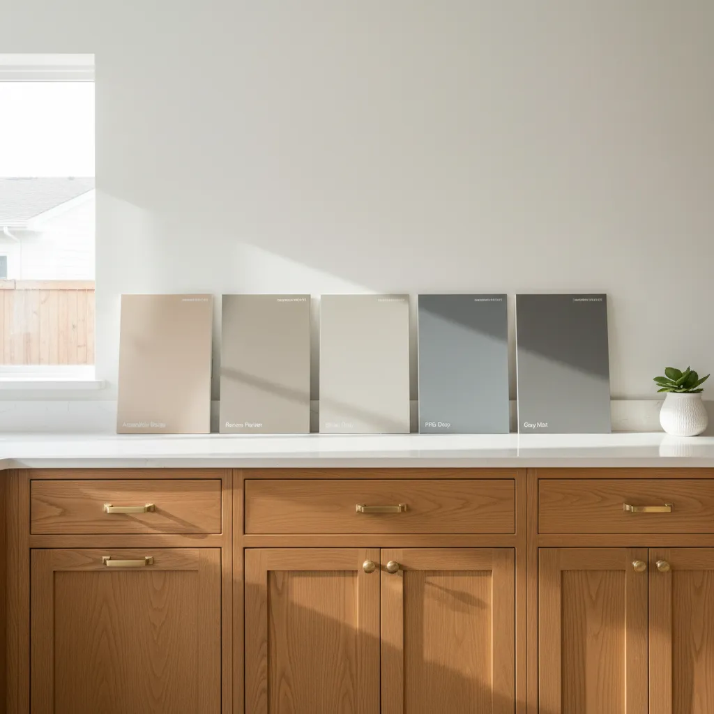 Five neutral paint sample boards sitting on a white countertop above wooden kitchen storage cabinets