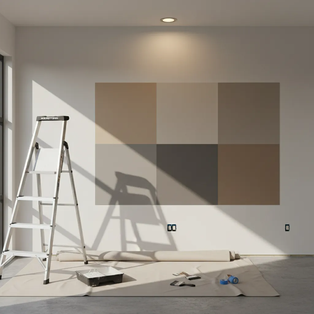 Large paint sample squares tested on interior wall under mixed lighting