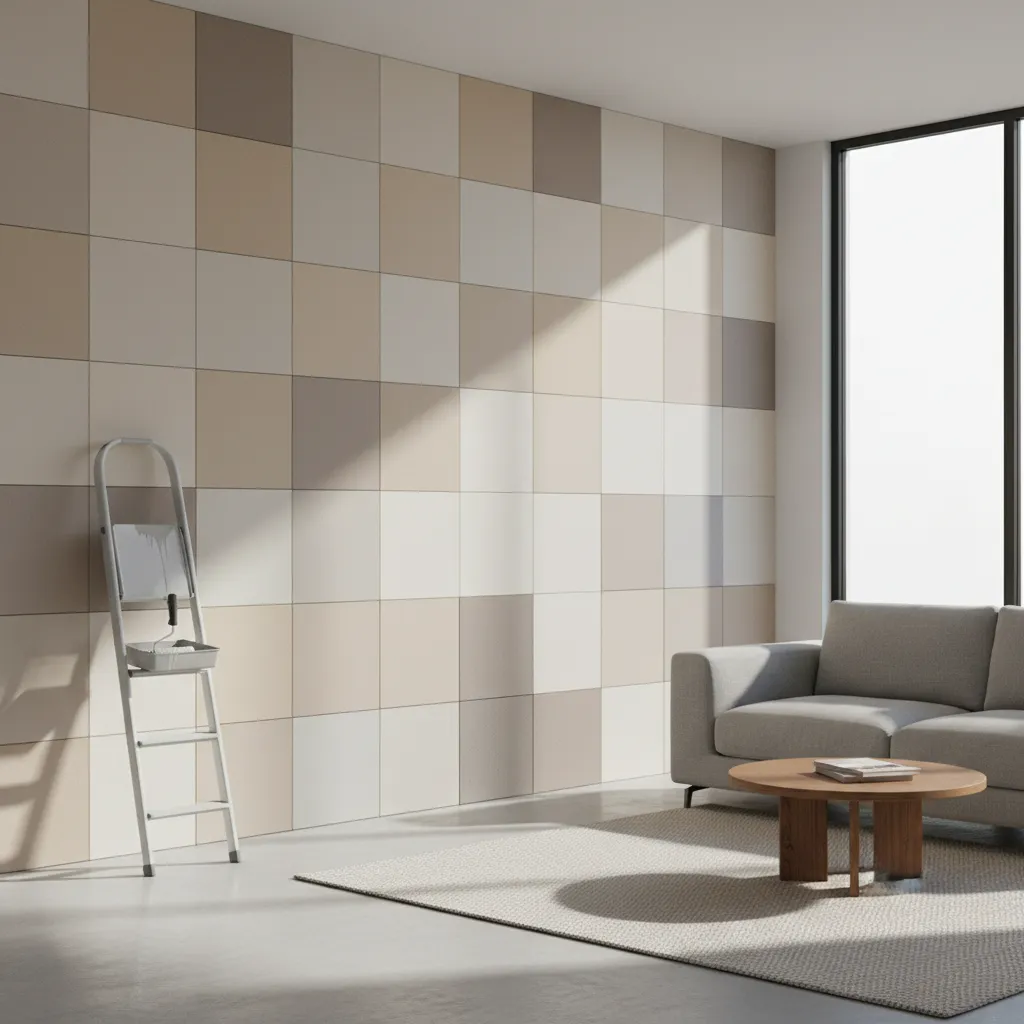 large paint sample patches on a living room wall for color testing