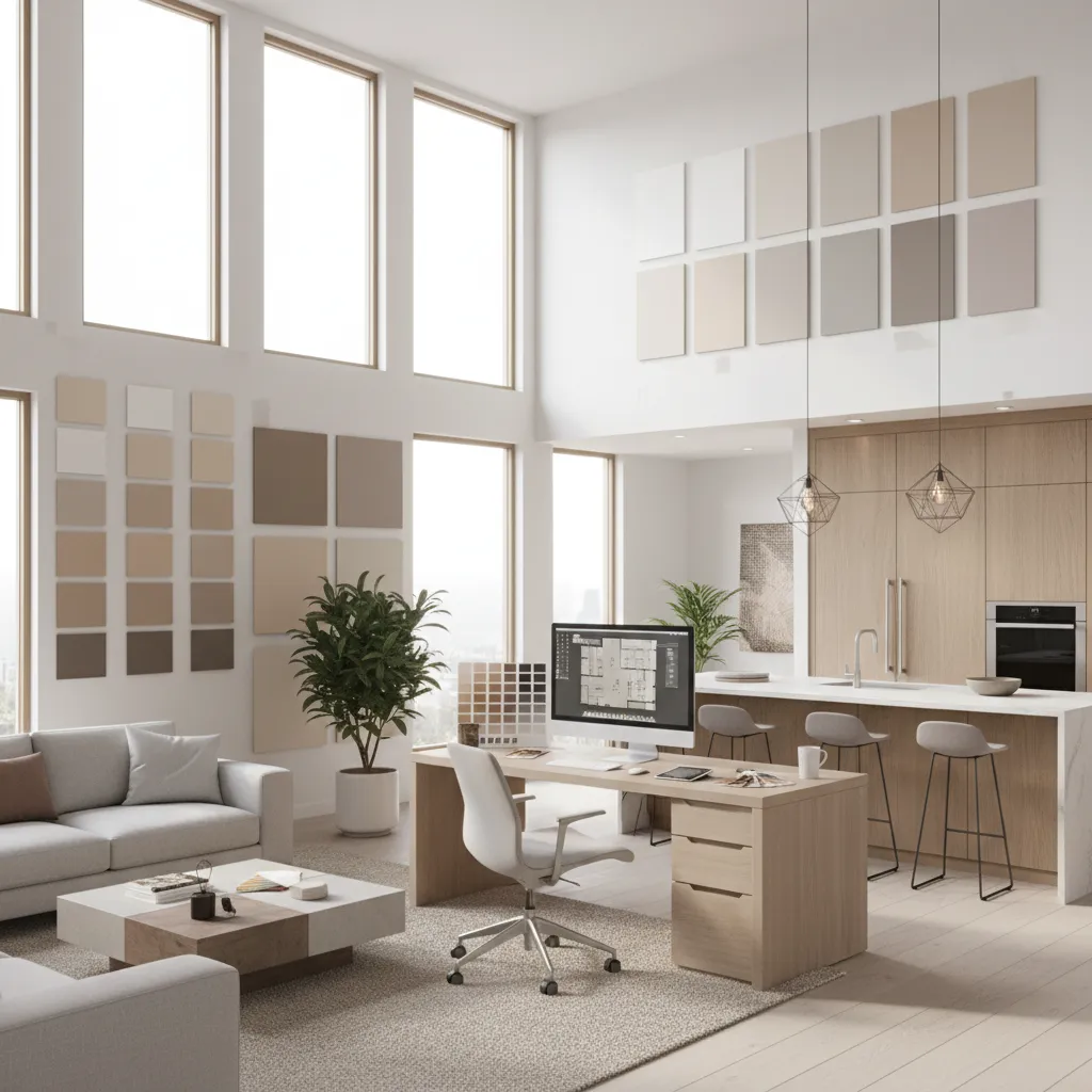 Large paint samples tested on walls in open kitchen living room