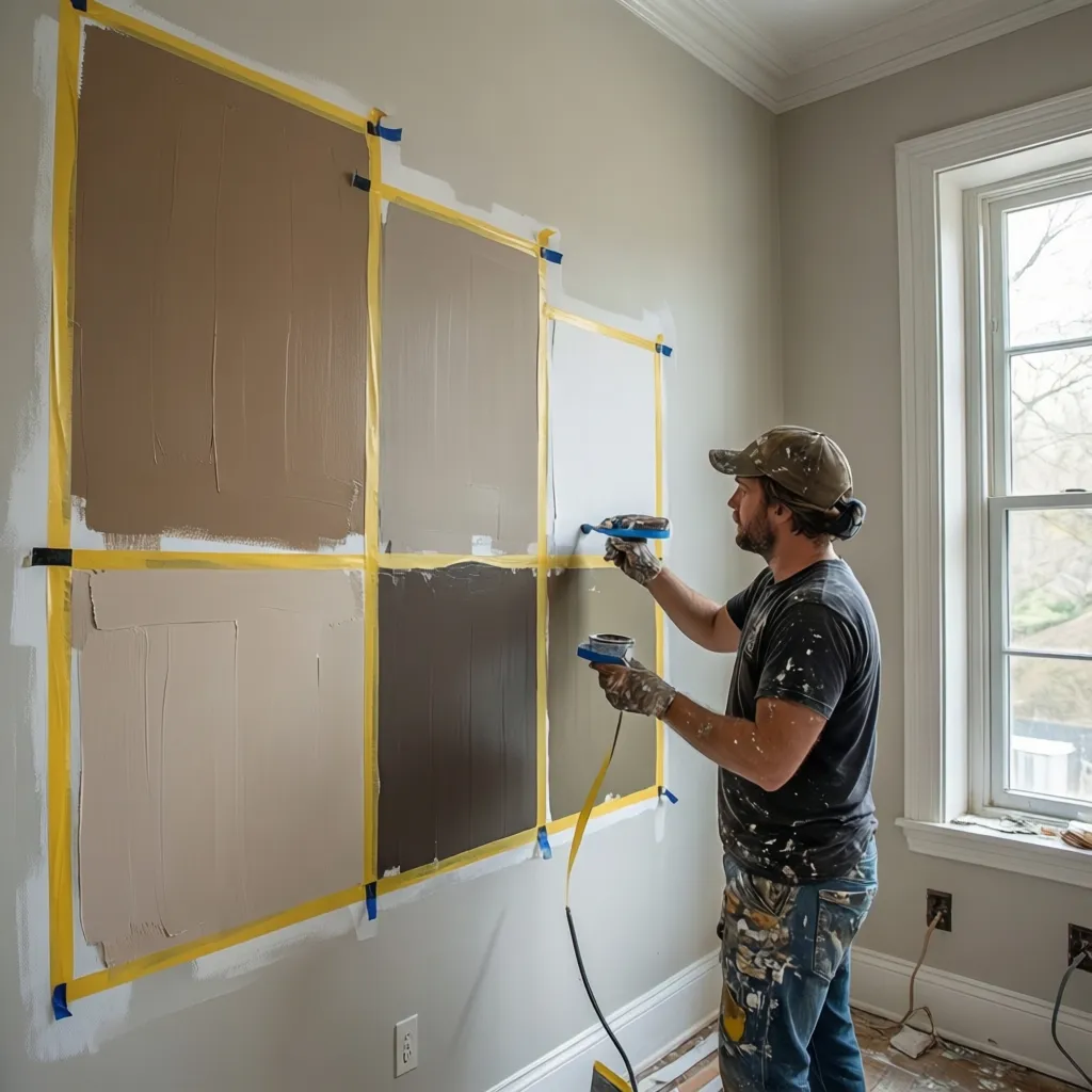 Large paint swatches tested on interior wall before choosing final color