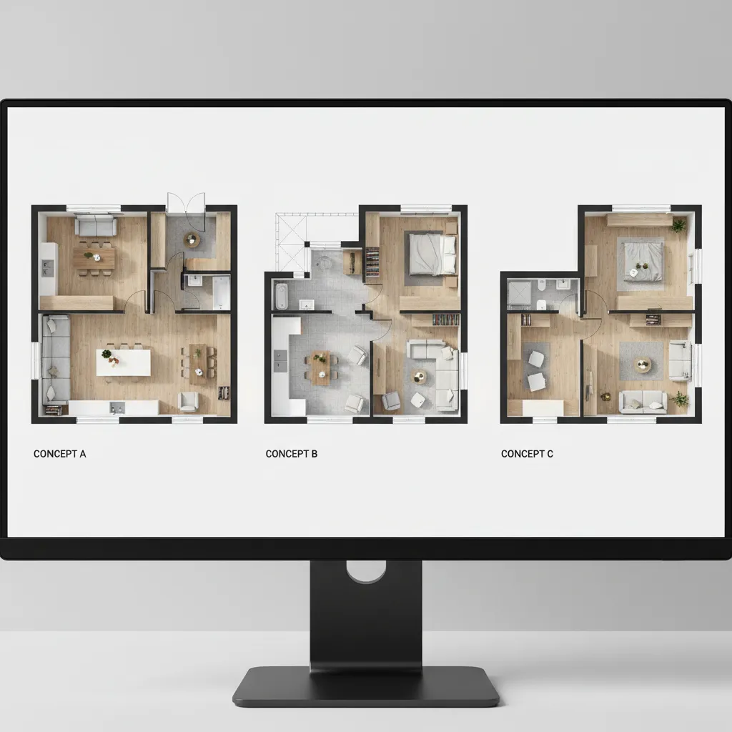 multiple digital layout concepts for a home addition design