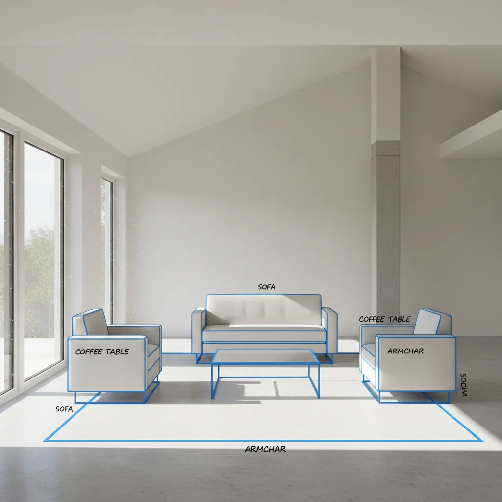 room floor marked with tape showing furniture placement planning