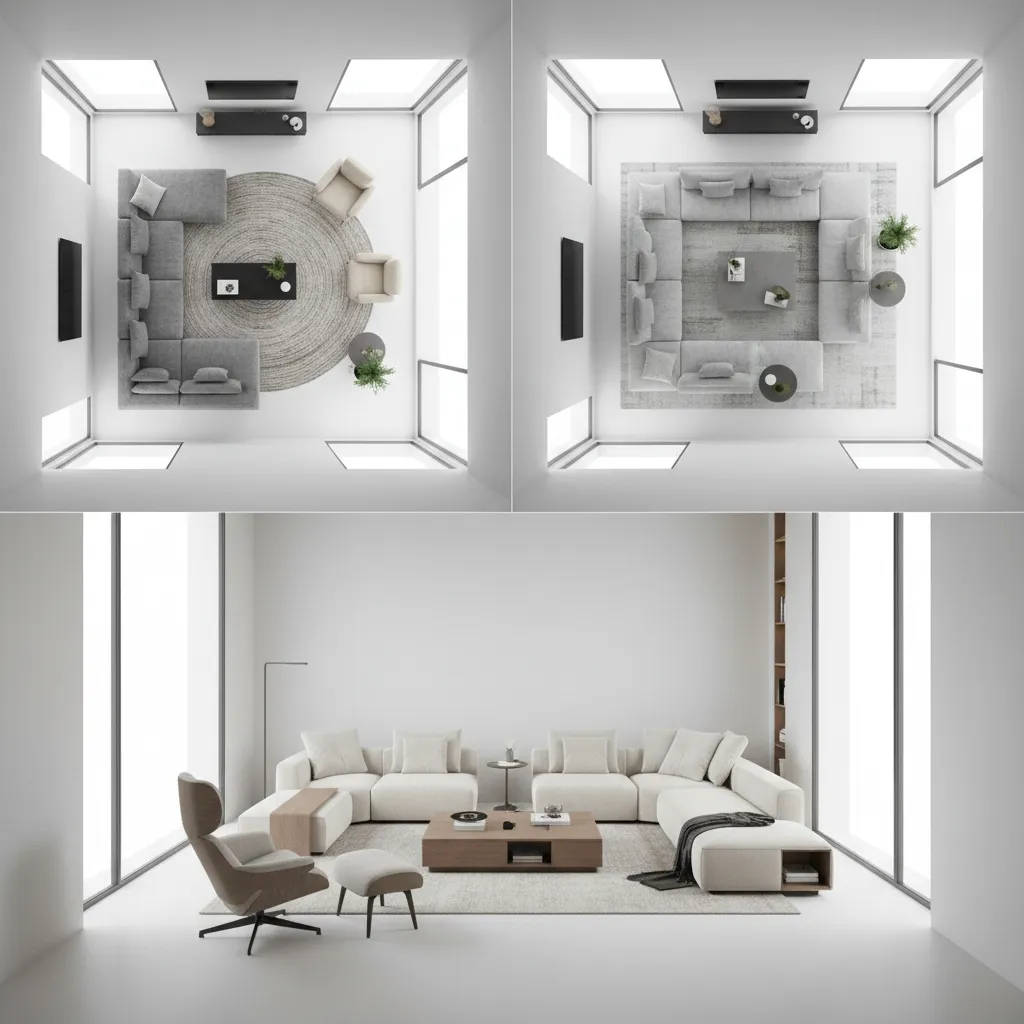 Collection of living room furniture layouts showing grey sofas coffee tables and various room arrangements