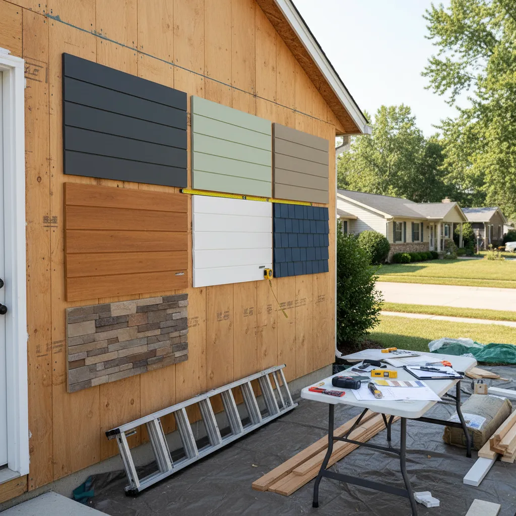 Siding samples temporarily placed on exterior wall for testing