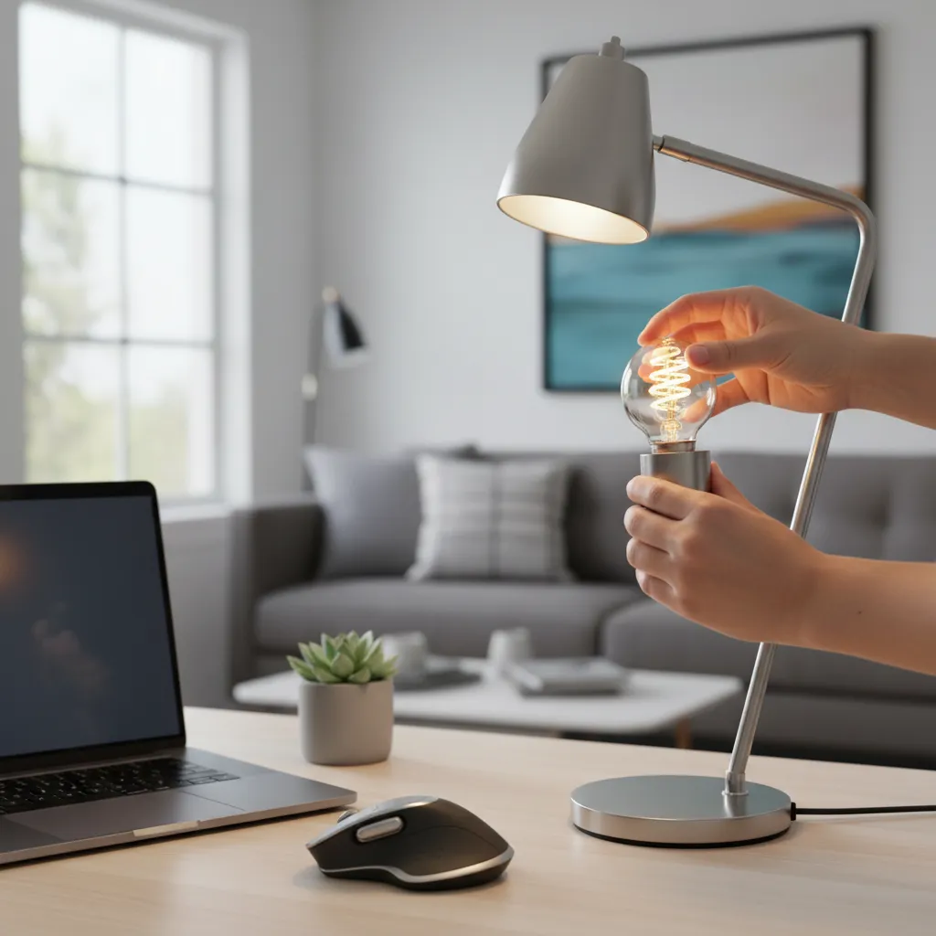 Person testing a smart bulb by placing it into another table lamp