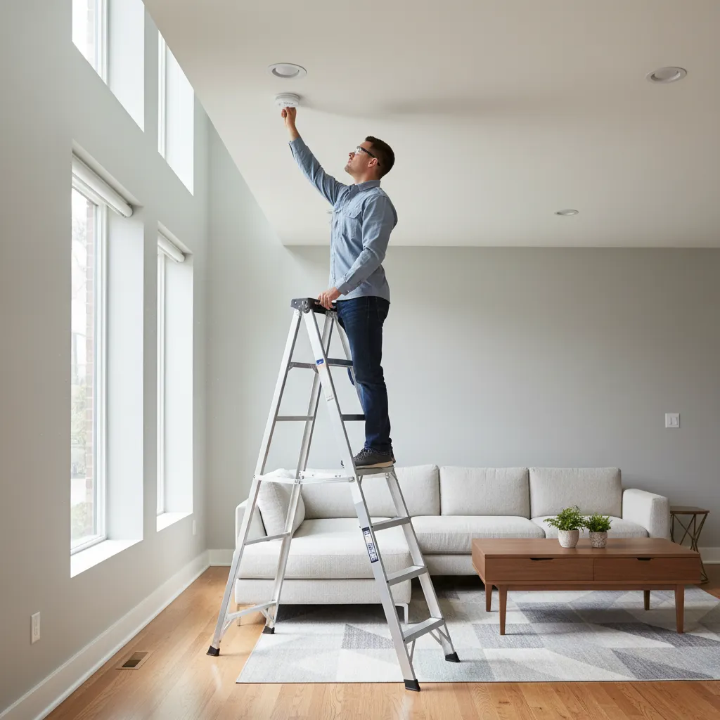 Homeowner pressing smoke detector test button during monthly check