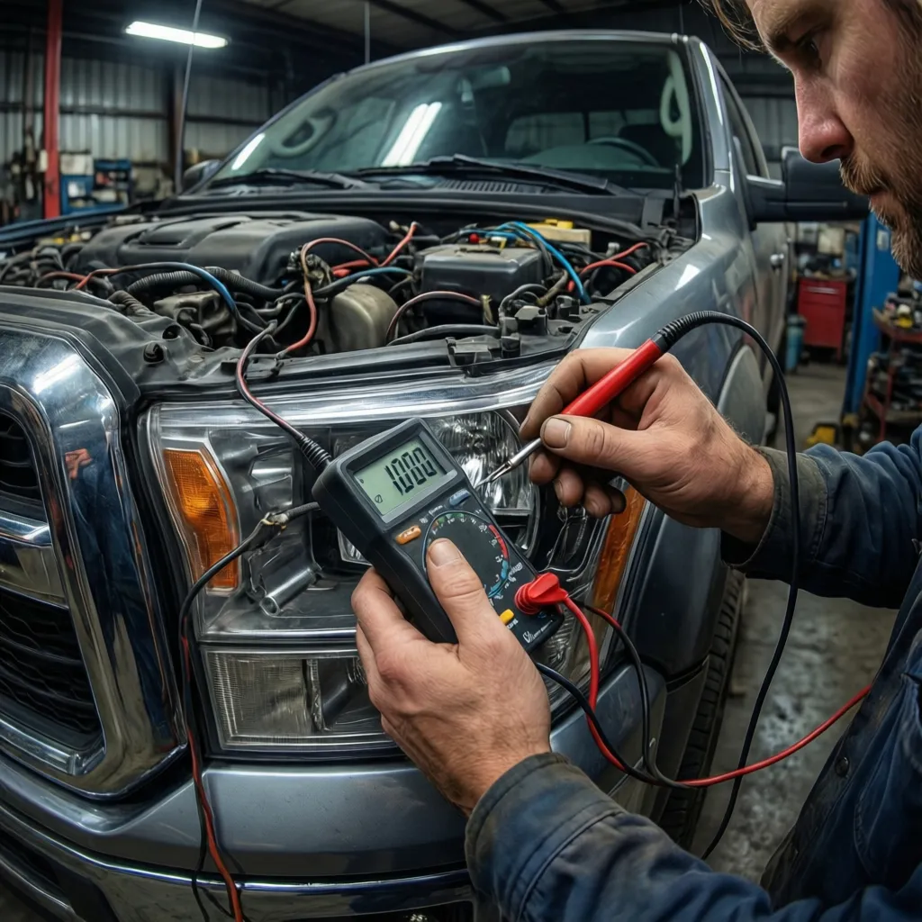 technician testing truck strobe light wiring with multimeter