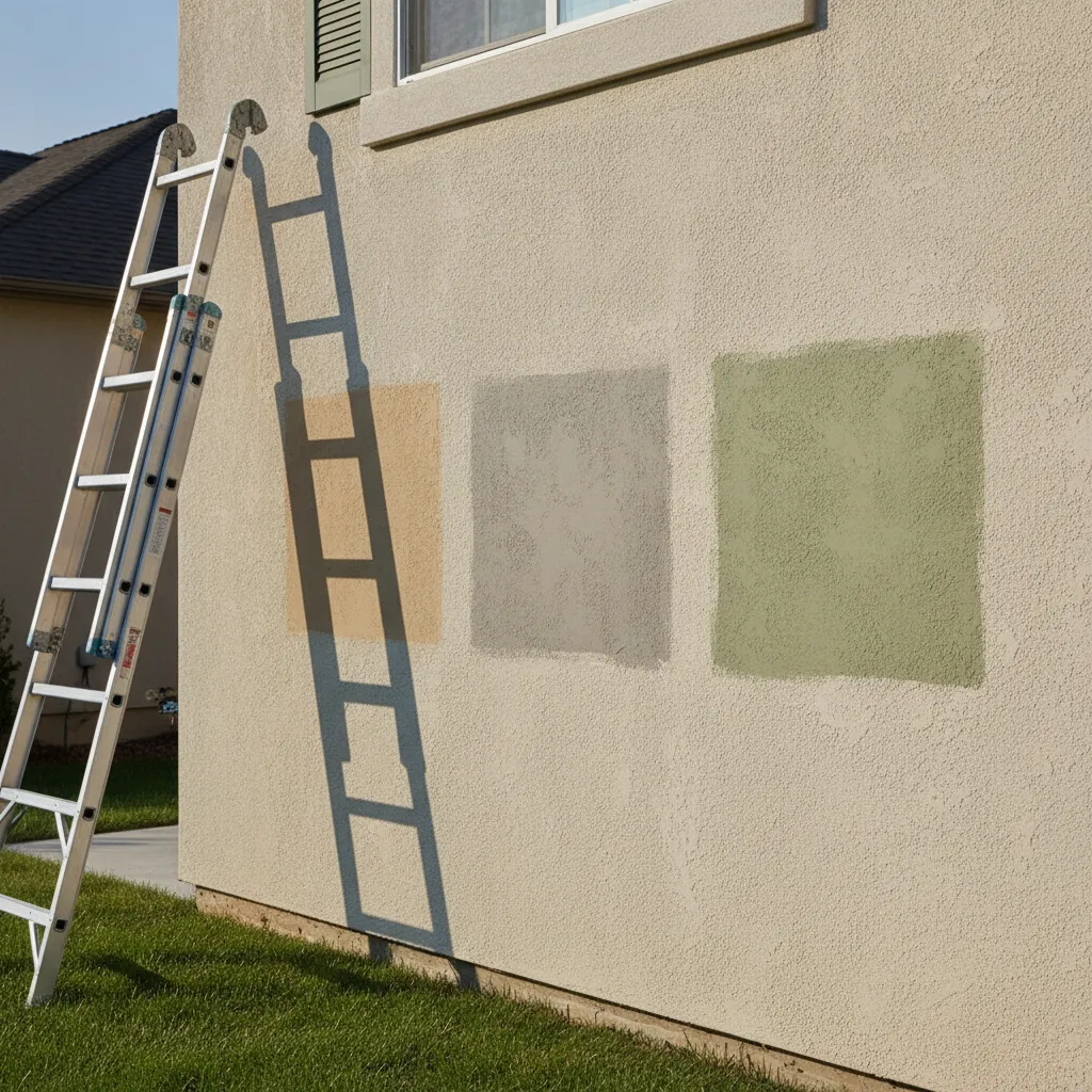 Three different paint color samples shown on a beige exterior wall with a tall metal ladder