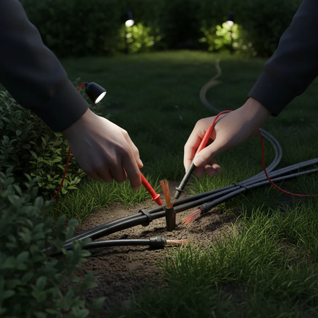 Technician measuring voltage in low voltage landscape lighting system