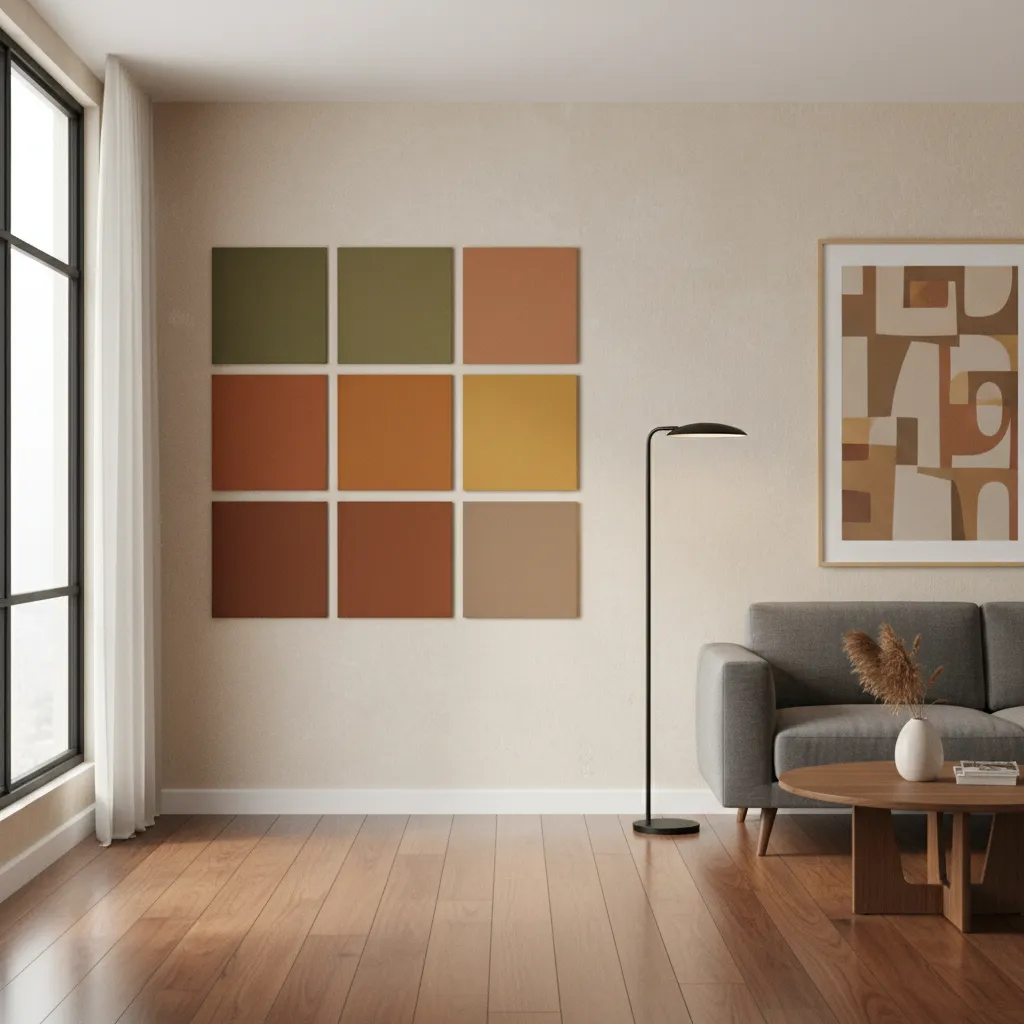 Interior wall with large paint test samples in a mid century modern home