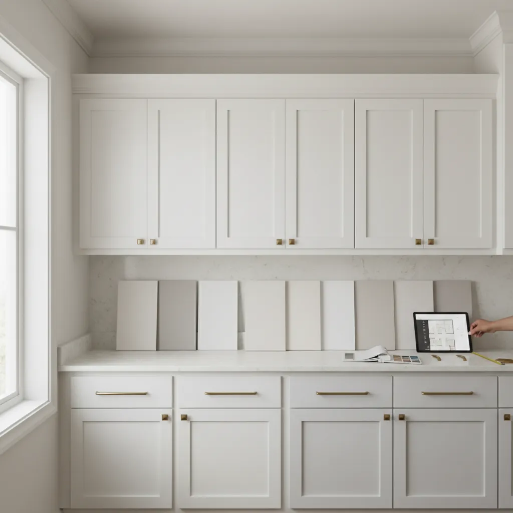 Designer testing multiple white paint samples on cabinet doors in a kitchen