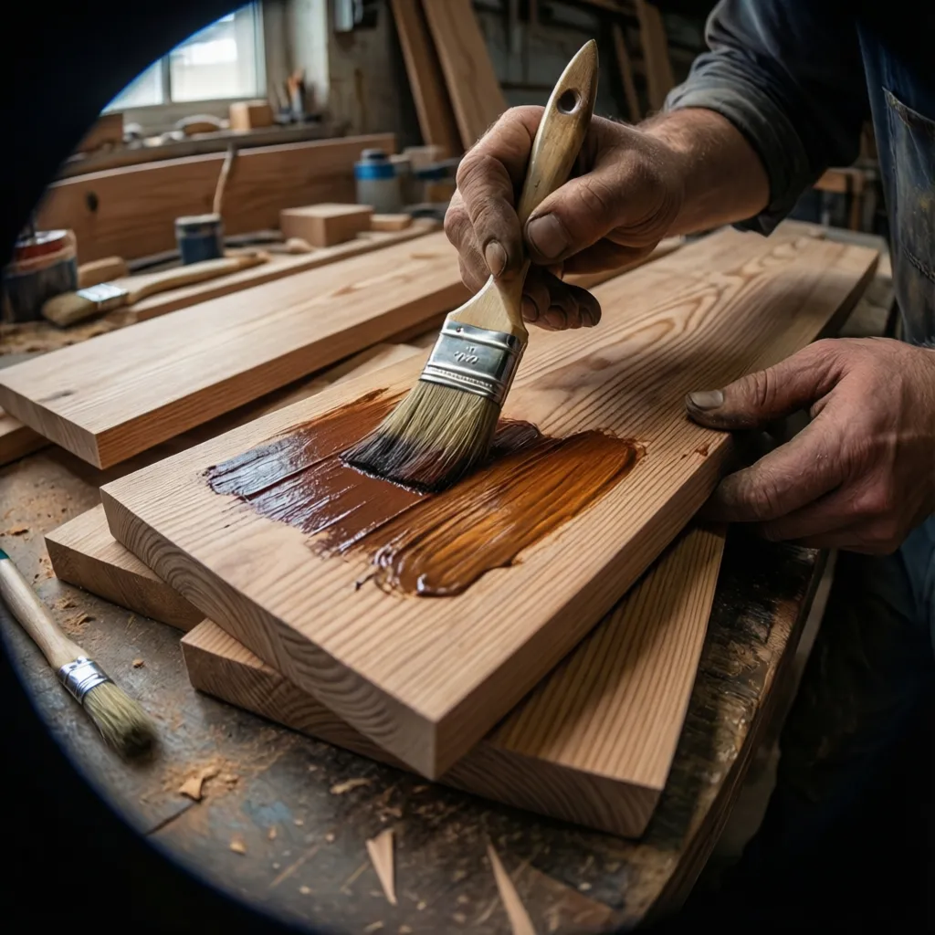 Woodworker testing stain samples on scrap wood pieces