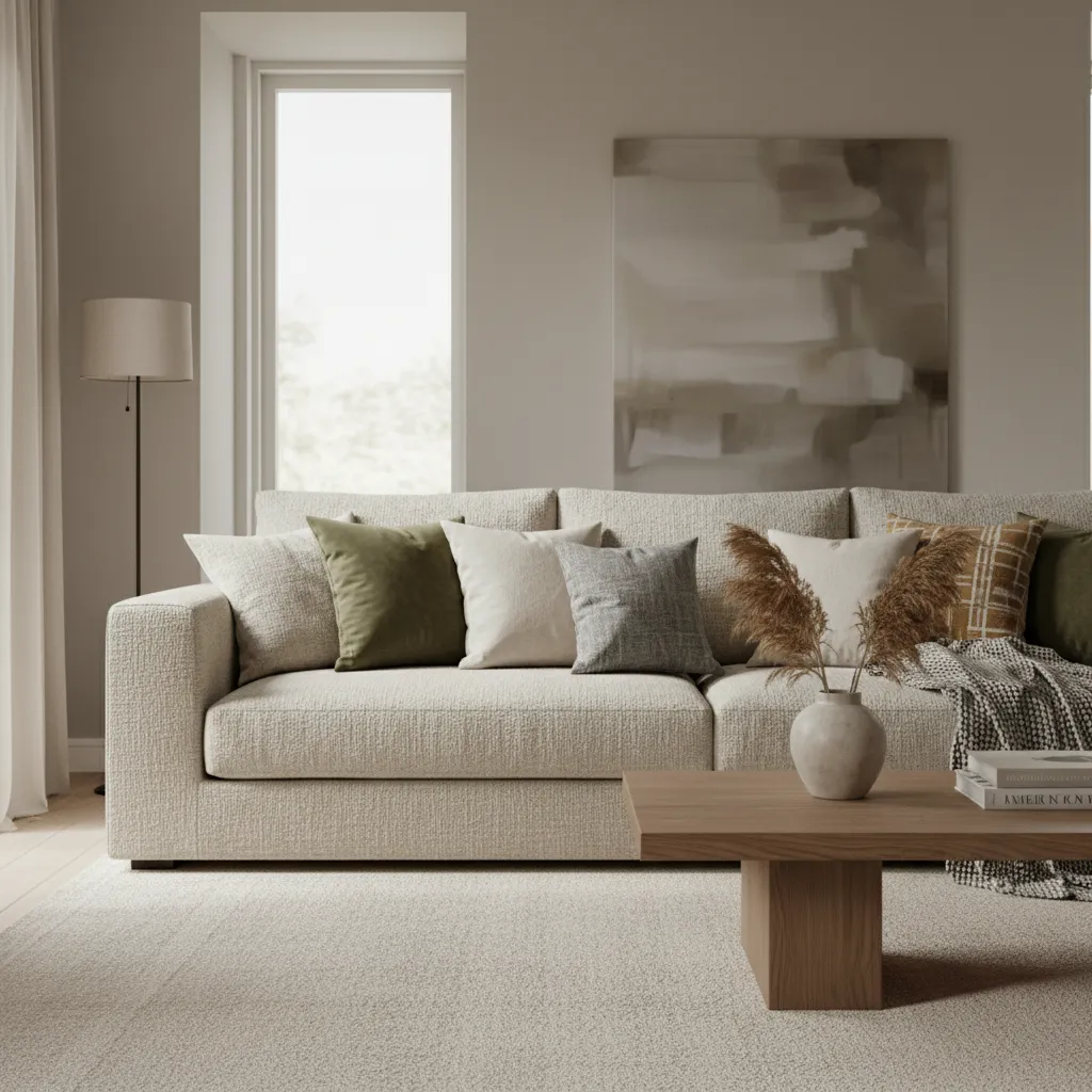 Combinación de cojines con diferentes texturas en un sofá