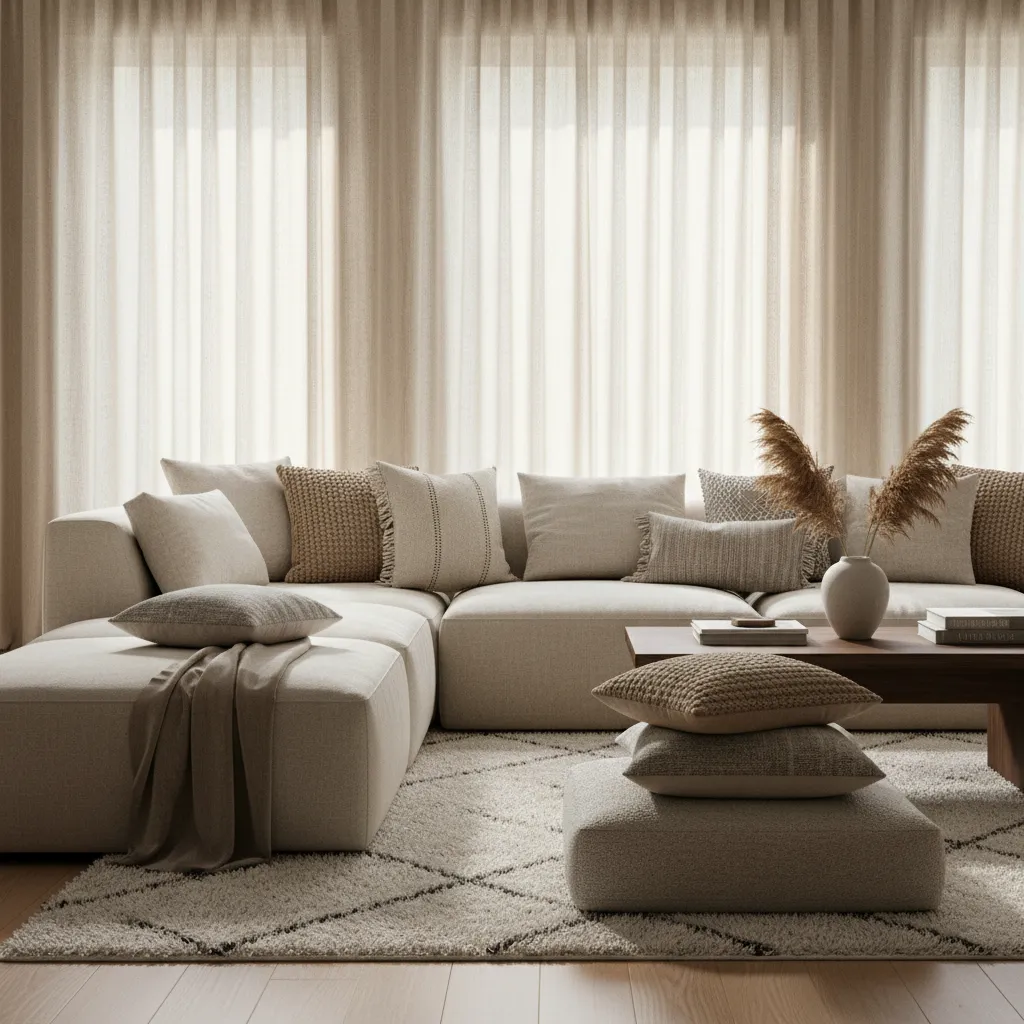 Beige living room with large sofa textured pillows rug coffee table and light white curtains