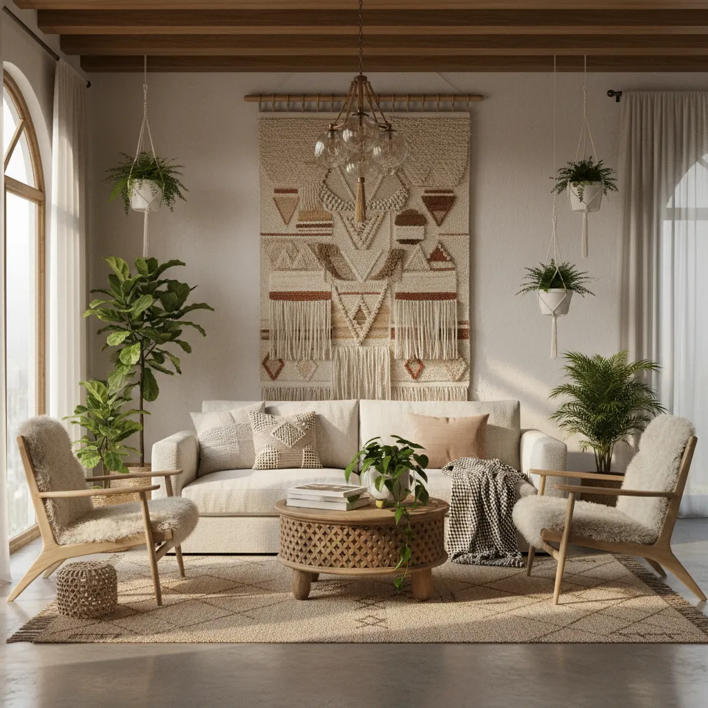 Bohemian living room featuring woven textile wall hanging