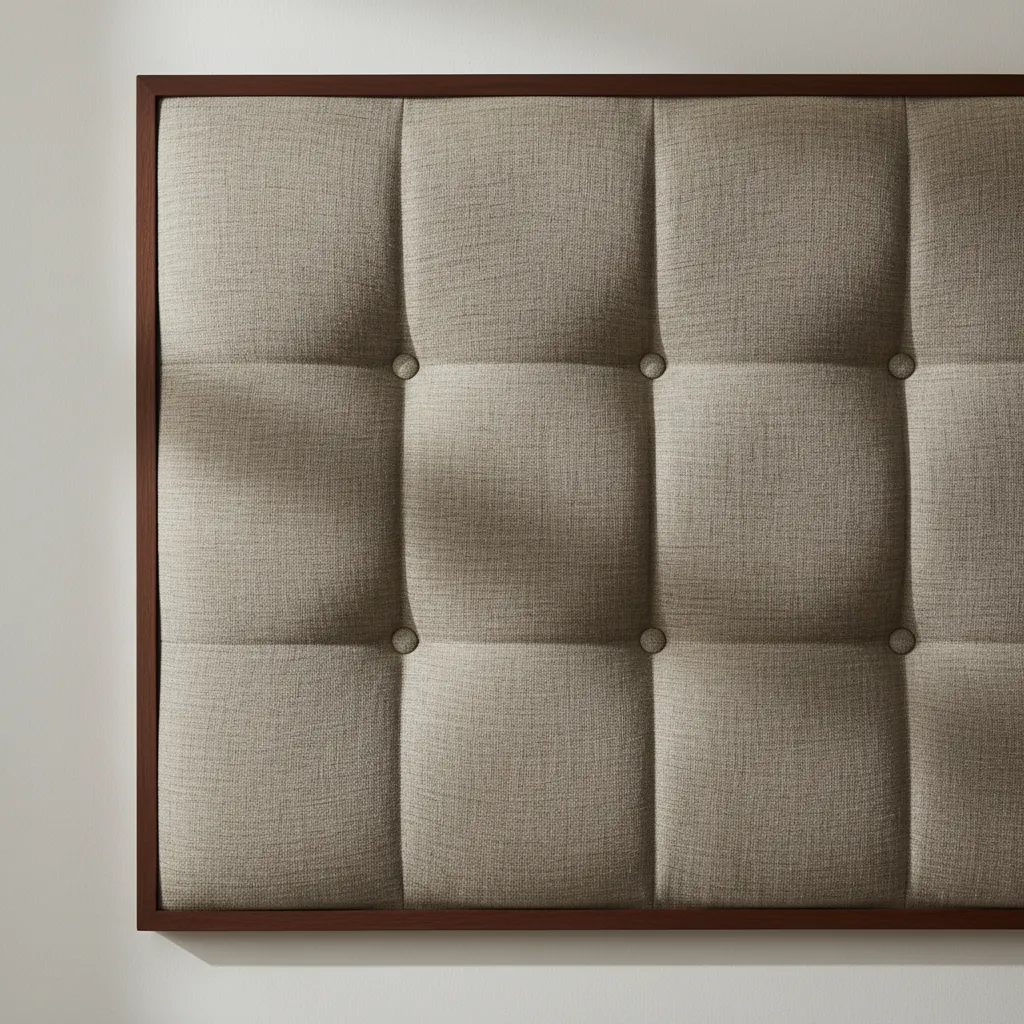 Close up of brown tufted fabric wall panel with buttons and a dark wood frame