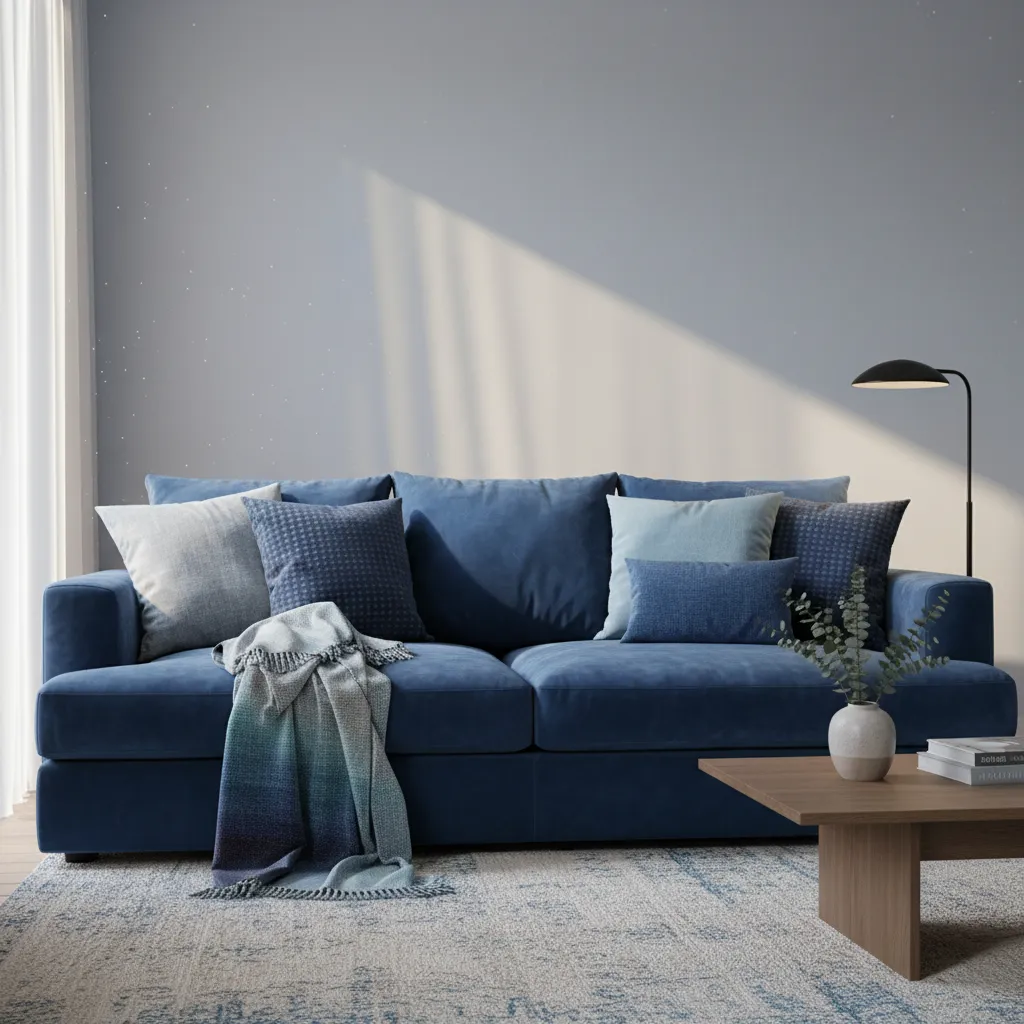 Sofá con cojines y textiles en diferentes tonos de azul