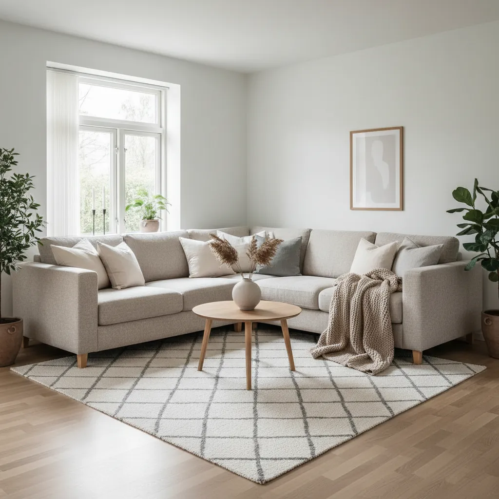 Sofá con cojines decorativos y manta que transforman un salón sencillo