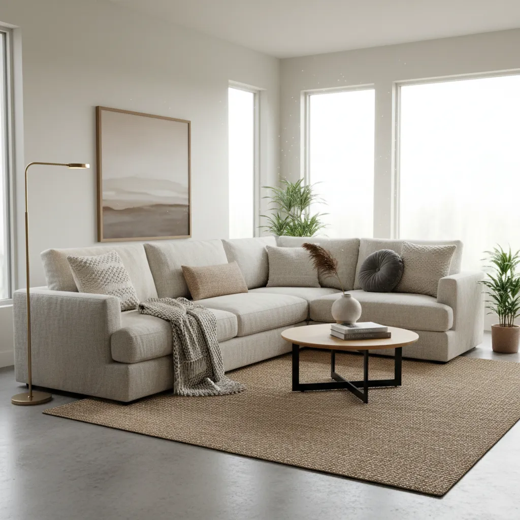 Sofá con cojines decorativos y manta en un salón moderno