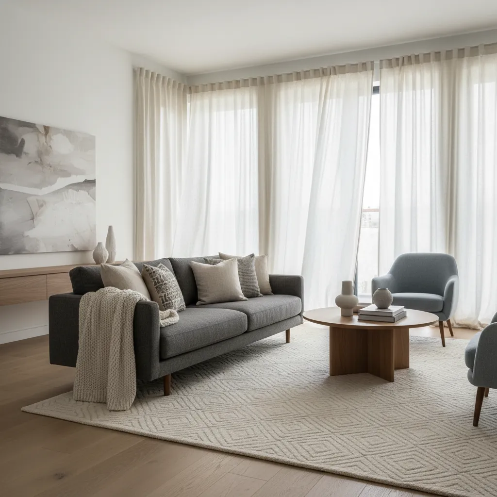 Modern living room with grey sofa, wooden coffee table, patterned rug, white curtains, and sunlight