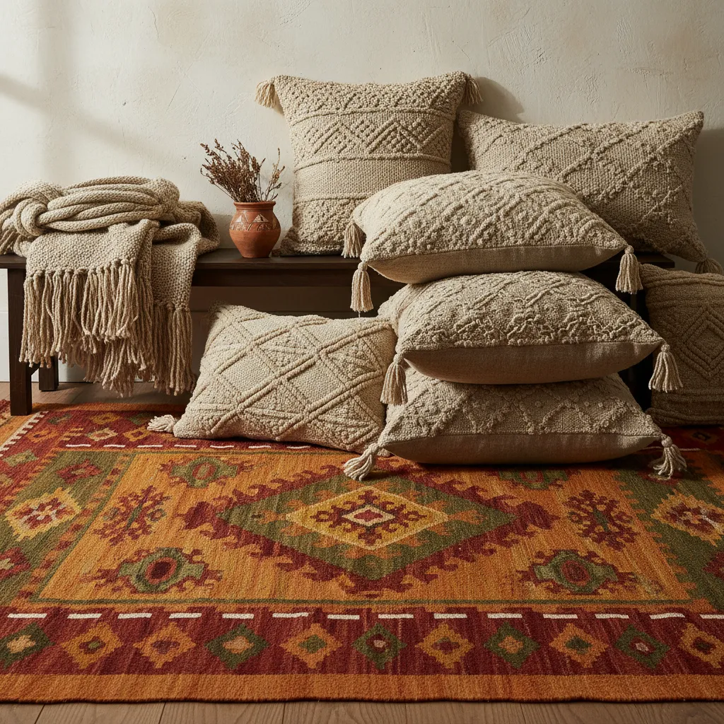 Detalle de textiles étnicos y fibras naturales en decoración interior
