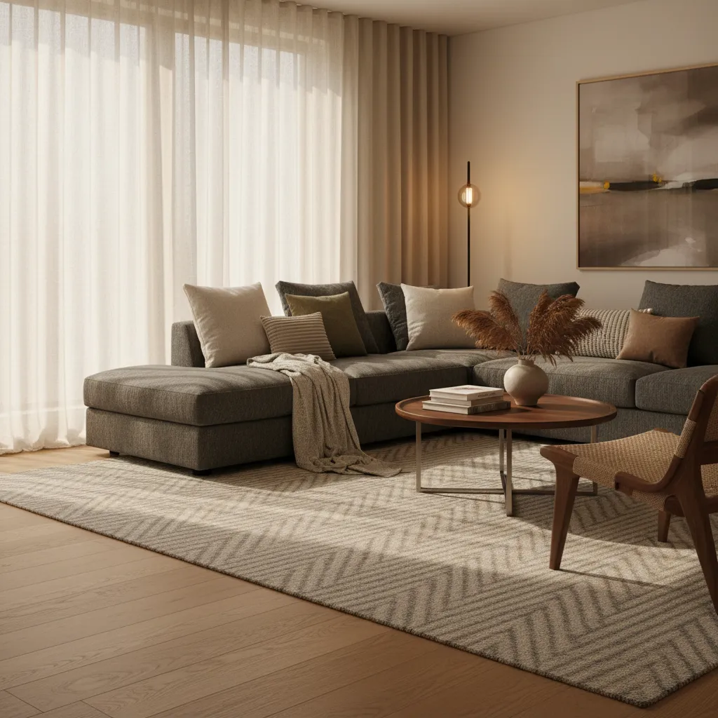 Large grey sofa with pillows and blanket on a patterned rug in bright living room