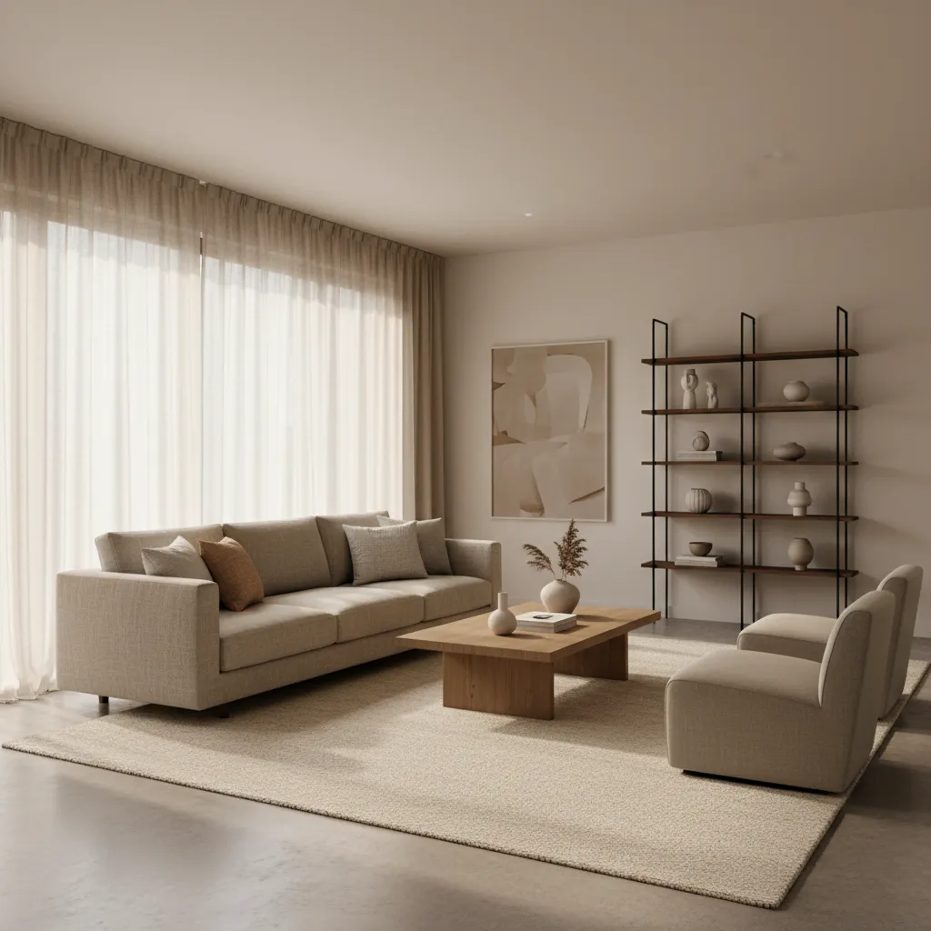 Beige living room with sofa, wooden coffee table, area rug, wall shelf and natural light