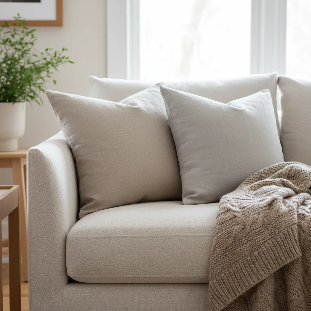 Close up of grey sofa cushions and brown knitted blanket near green indoor house plant