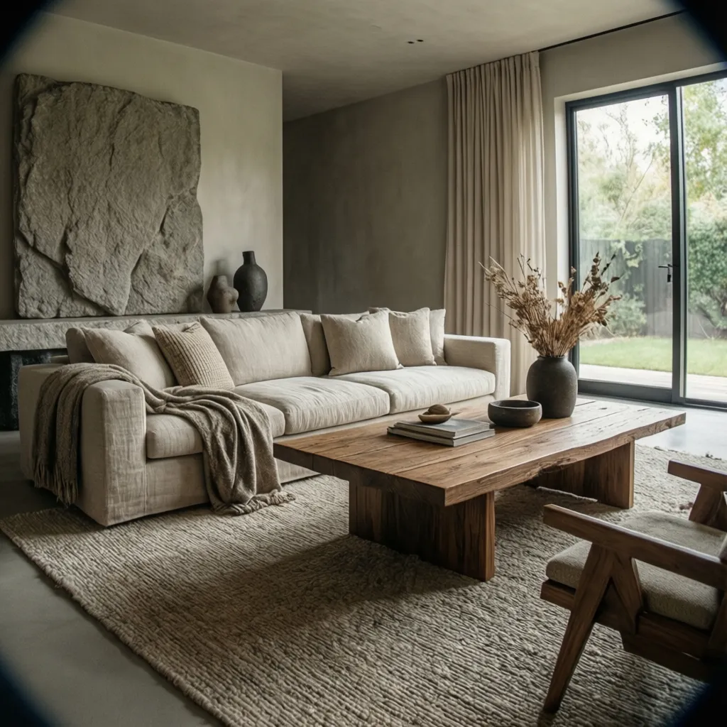 Cozy living room featuring beige sofa wooden coffee table large wall stone and neutral window curtains