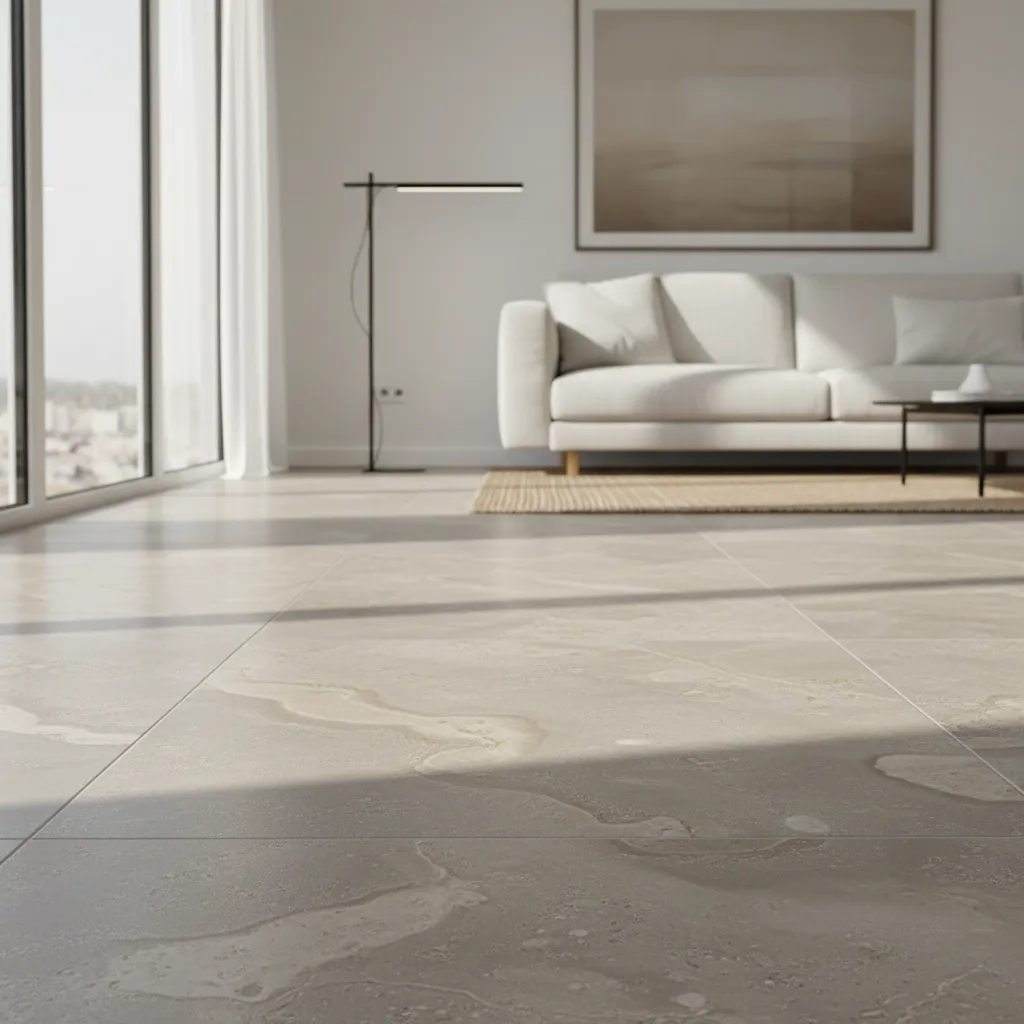 Large beige floor tiles with natural patterns in a bright living room with white sofa
