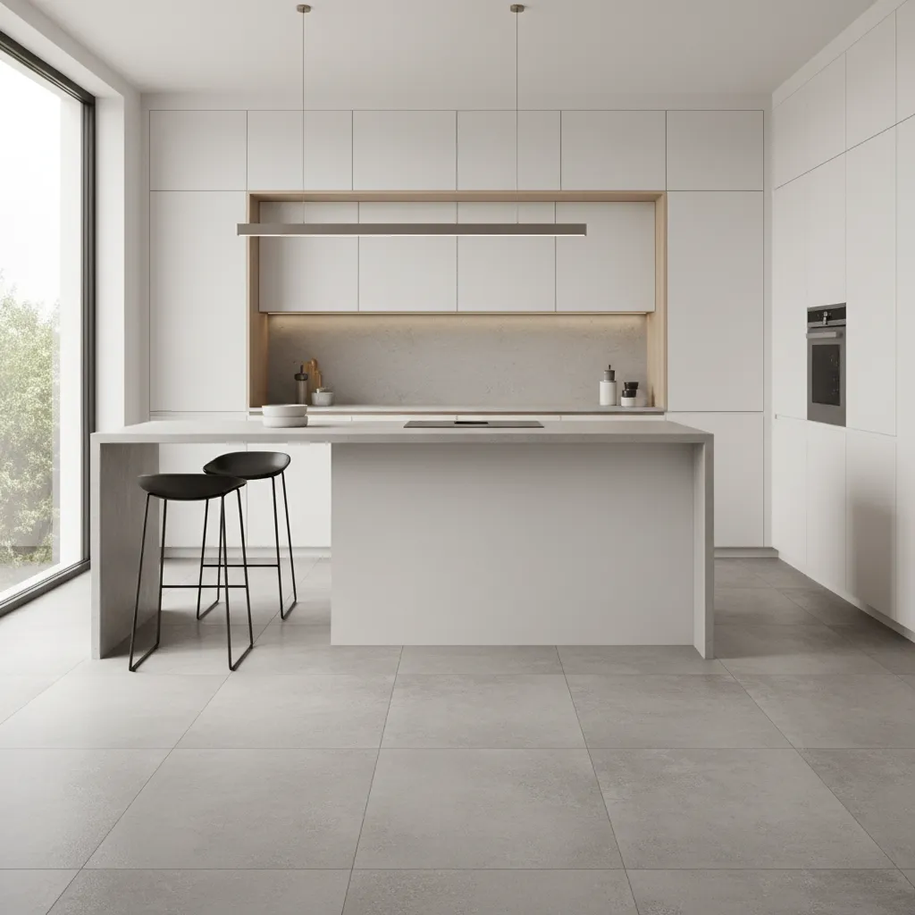 Modern white kitchen with grey island two black bar stools and grey stone floor tiles