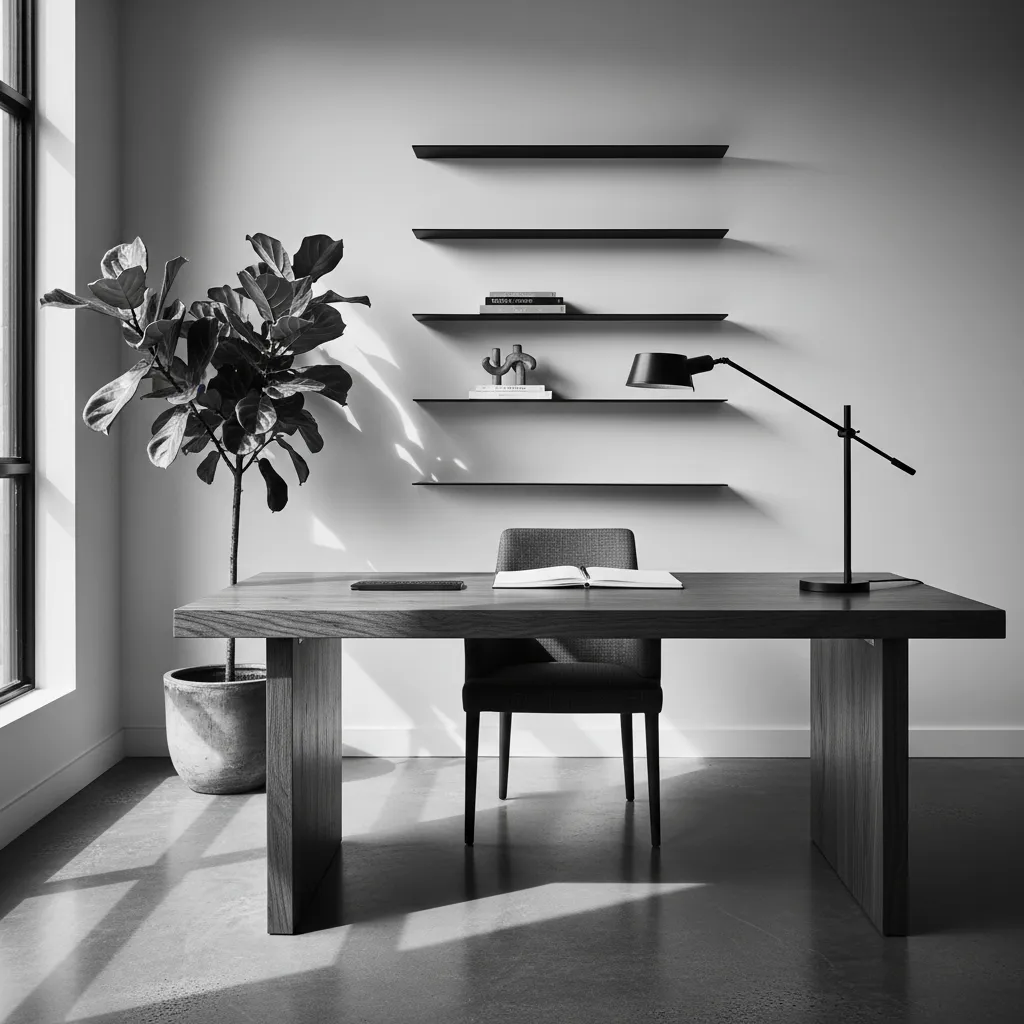 Black and white home office with wooden desk, desk lamp, wall shelves, and indoor plant