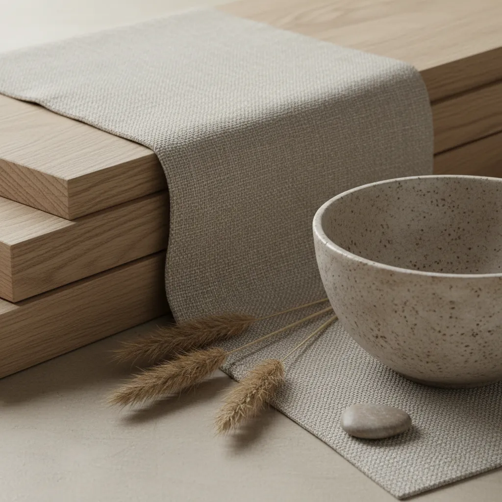 Beige fabric draped over natural wood blocks with a ceramic bowl and dried decorative grass