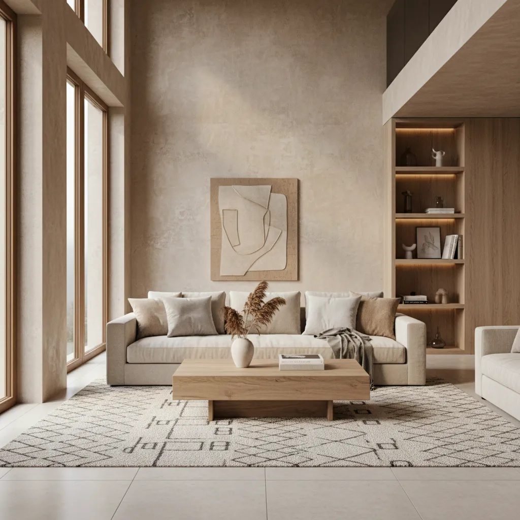 Elegant living room with beige sofa wooden coffee table tall windows and wooden wall shelves