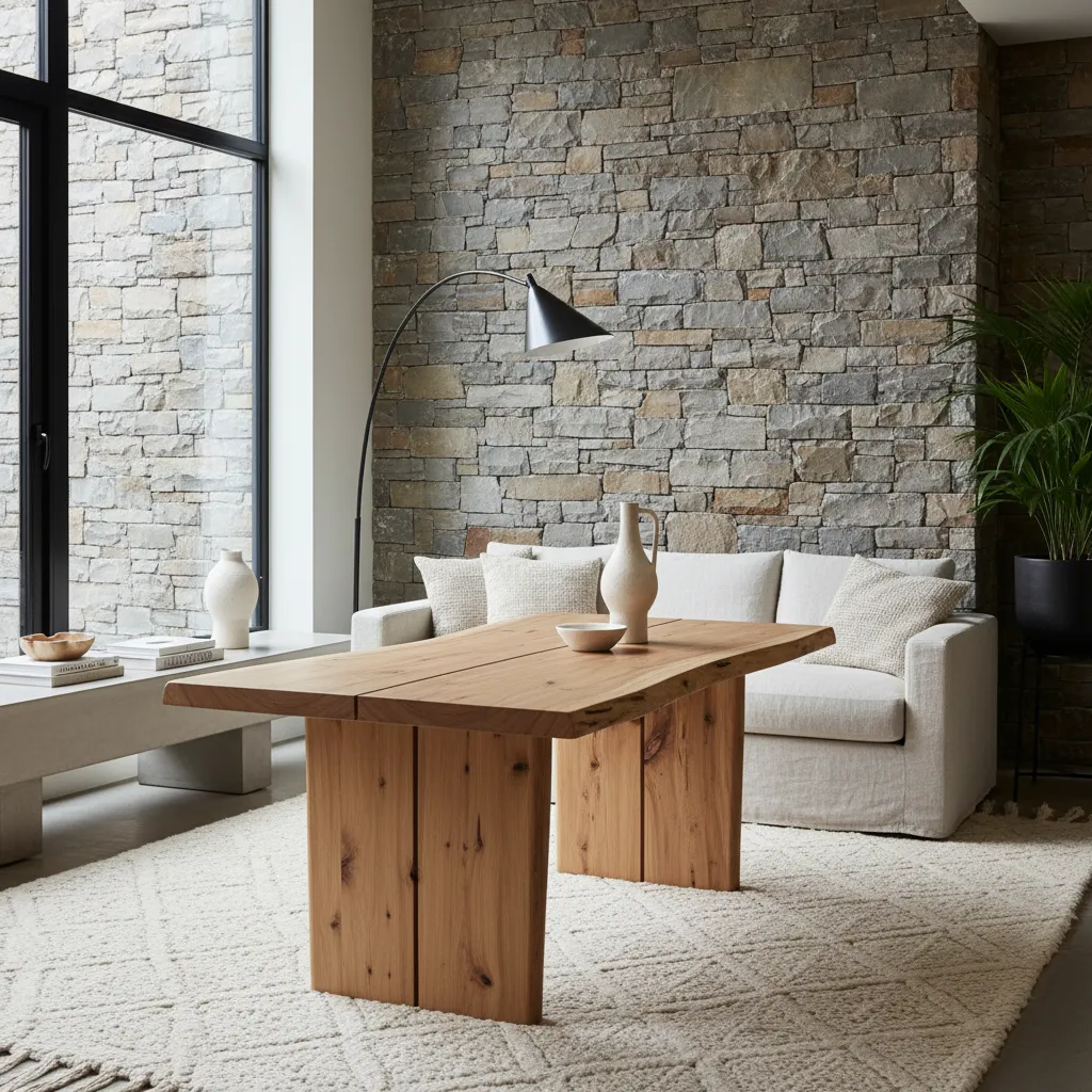 Modern living room featuring stone wall wood dining table white sofa floor lamp and rug