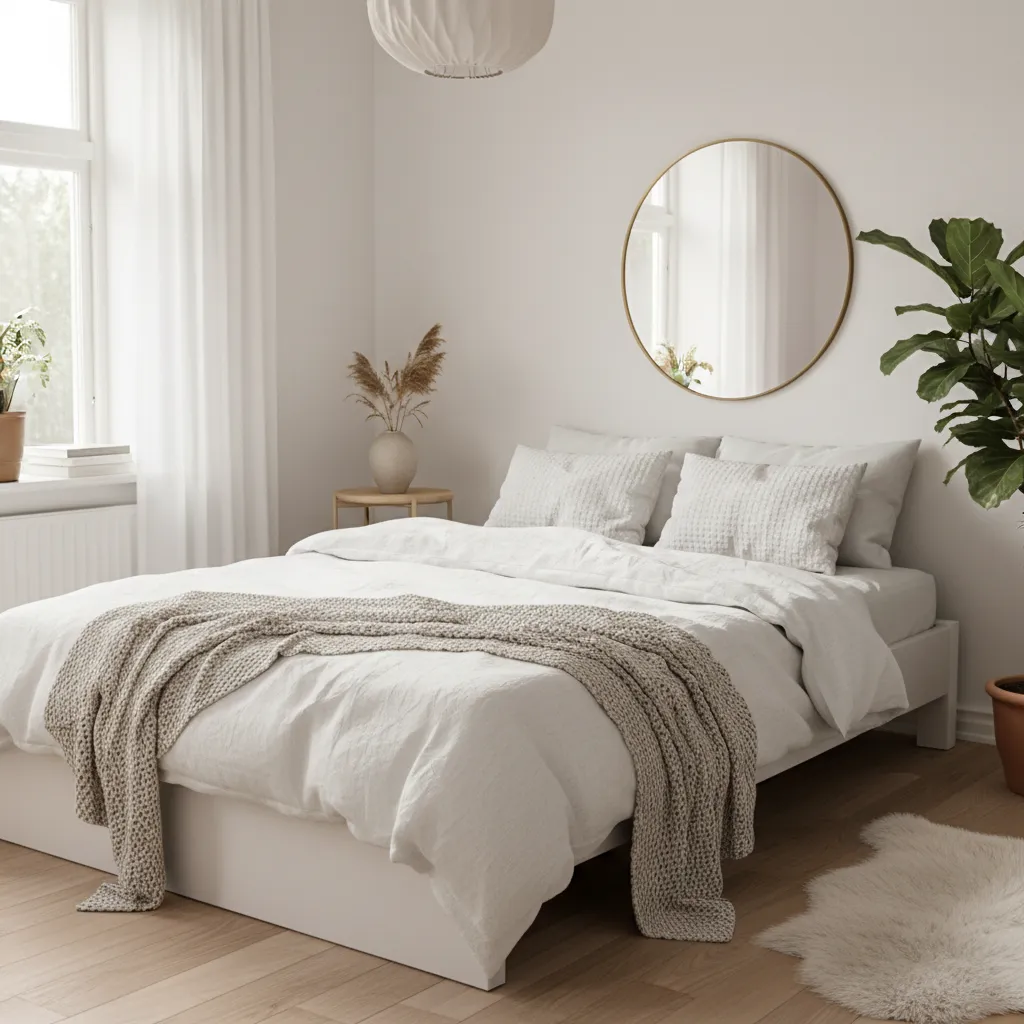 Detalle de cama blanca con manta de lino y cojines neutros
