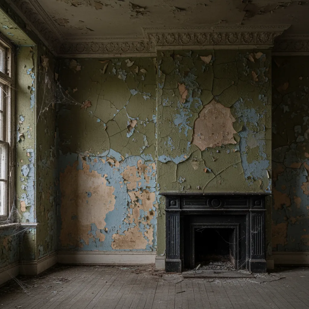 Pared deteriorada y materiales envejecidos en interior oscuro