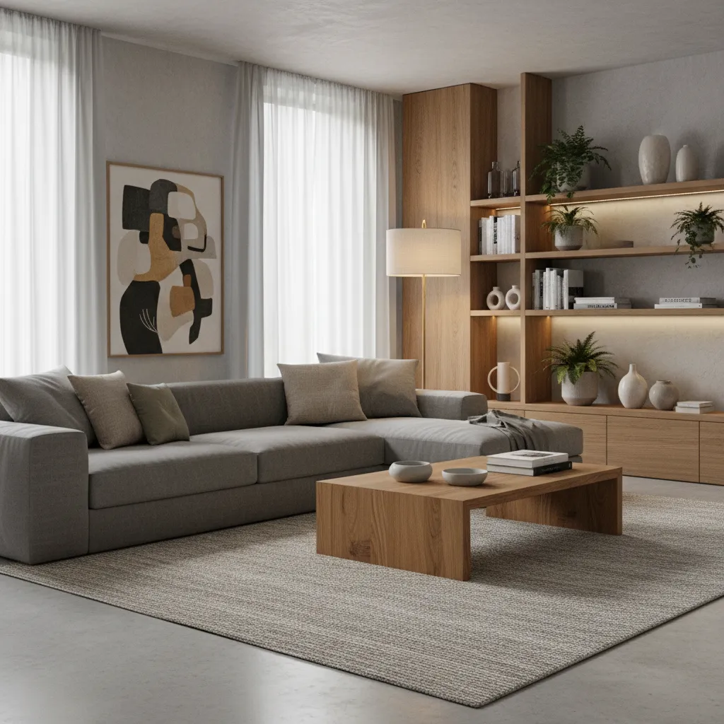 Modern living room with grey sofa, wood coffee table, large rug, and wooden wall shelf