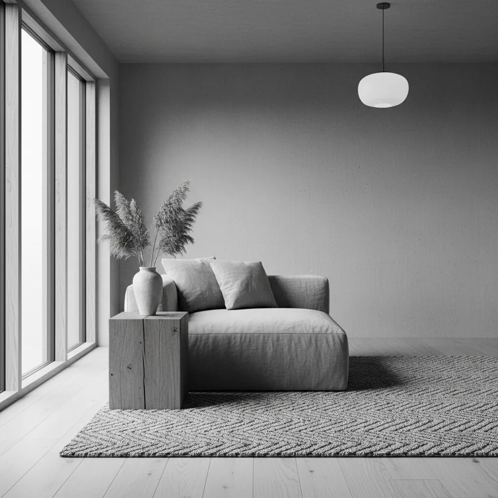 Minimalist living room featuring grey sofa, wooden side table, rug, window, and round ceiling light