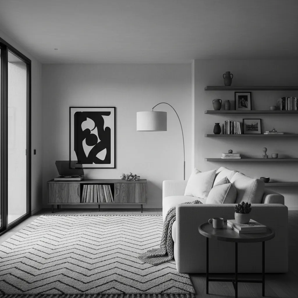 Interior blanco y negro con madera natural y textiles para aportar calidez