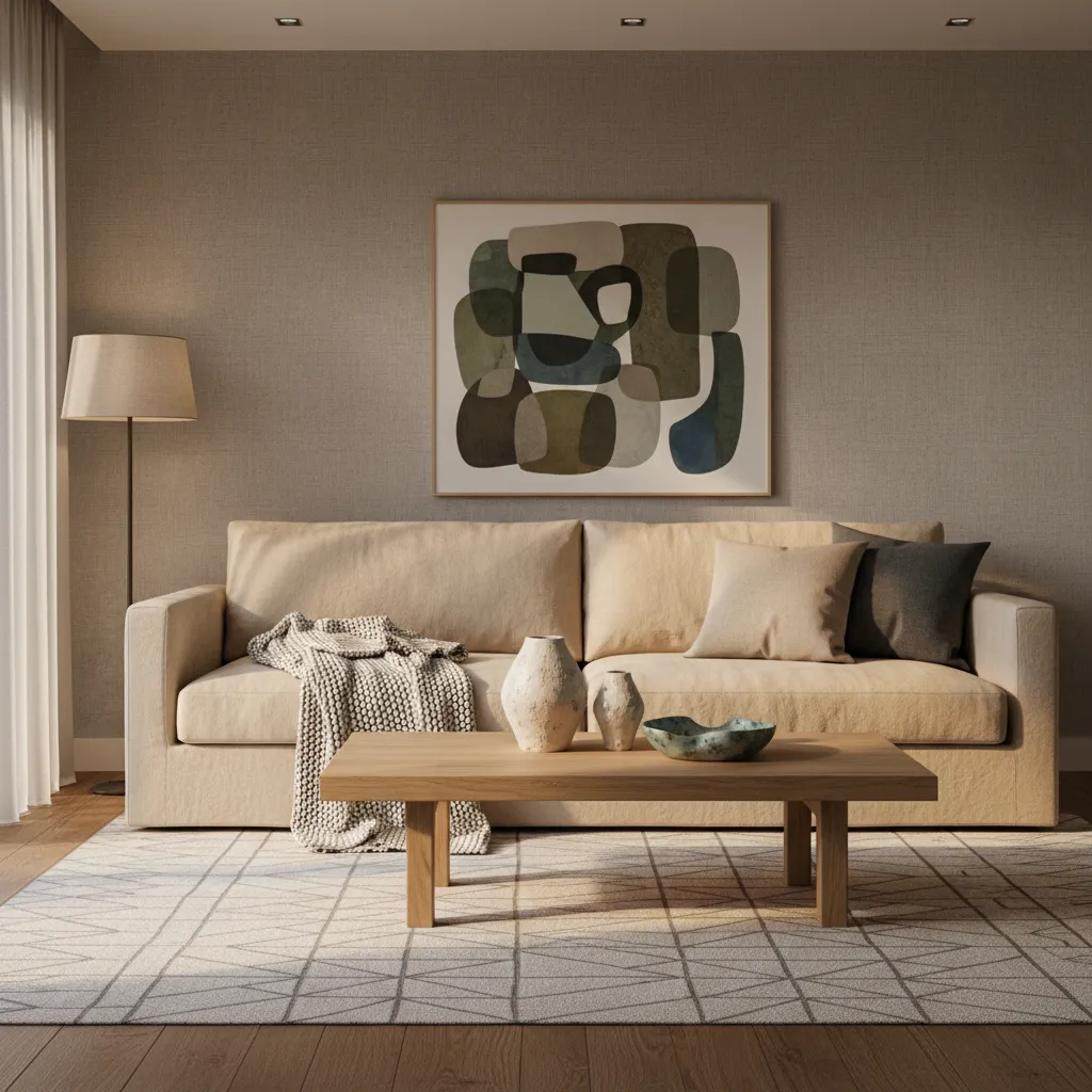 Beige sofa in living room with wooden coffee table abstract wall art and floor lamp