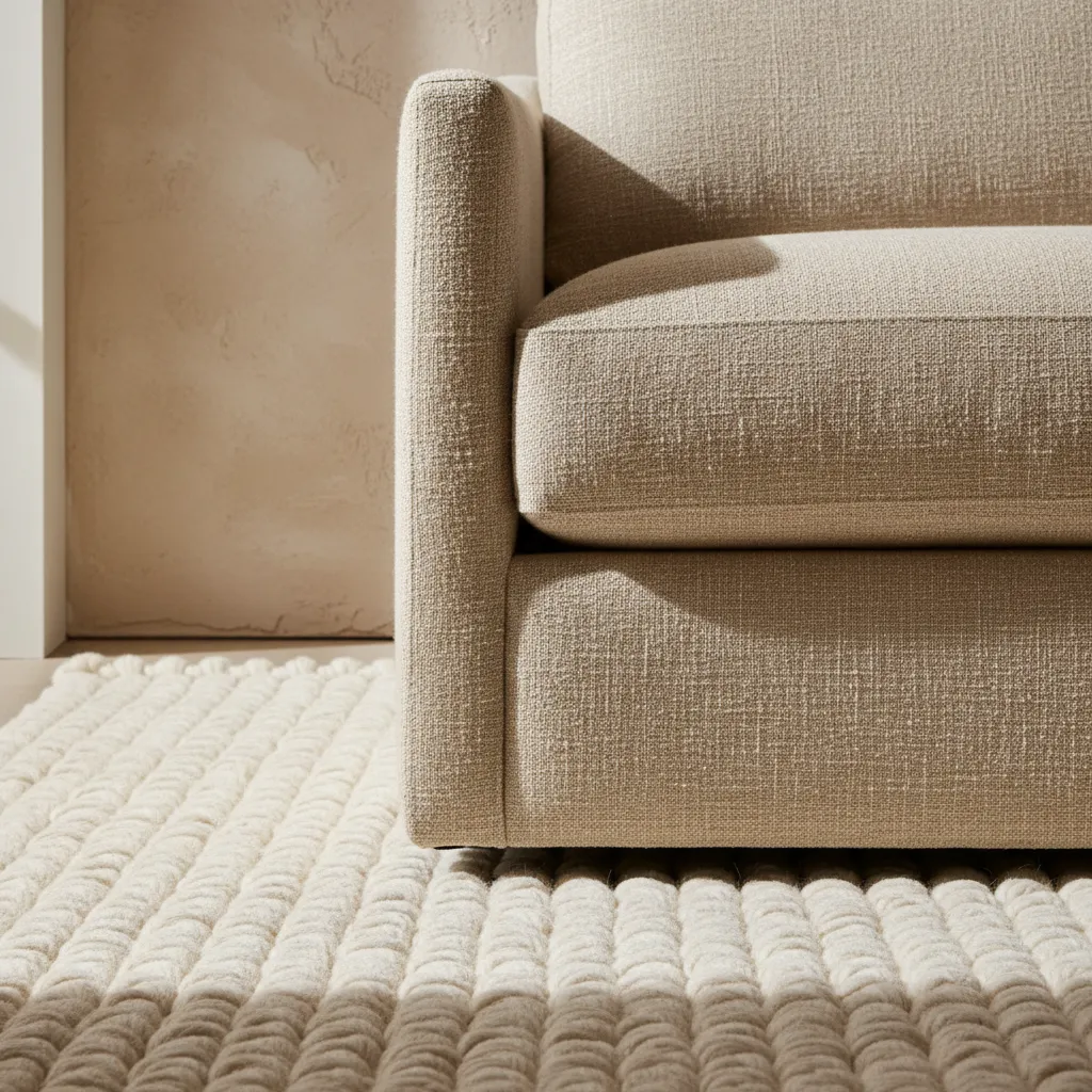 Detalle de texturas en interior crema con lino, alfombra de lana y yeso texturizado