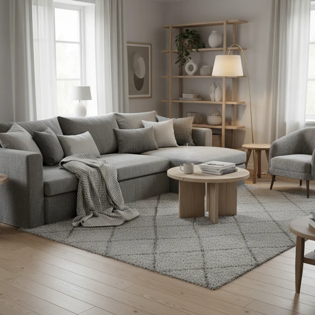 Interior gris y blanco con madera natural y textiles cálidos