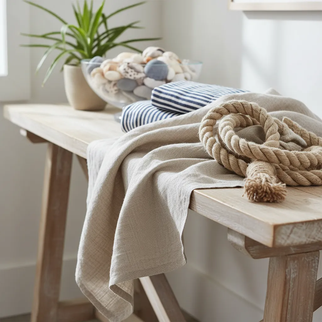 Detalle de textiles de lino y cuerda decorativa en estilo marinero