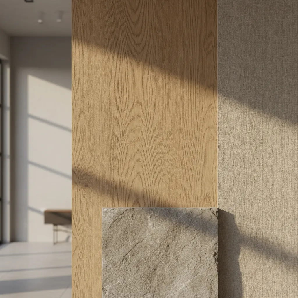 Detalle de texturas naturales en decoración interior con madera y lino