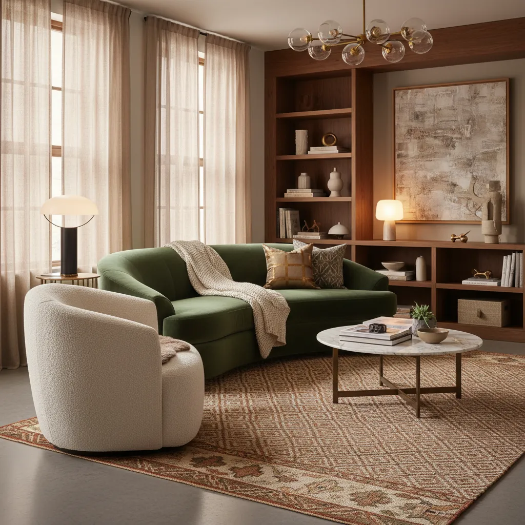 Butaca de bouclé junto a sofá de terciopelo en salón elegante